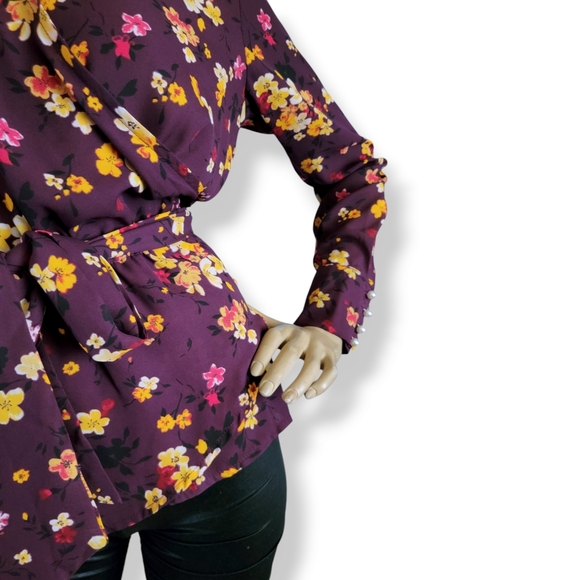 Gibson Plum/Purple & Yellow Floral Wrap Tie Waist Long Sleeve Top Size Small - Picture 2 of 8